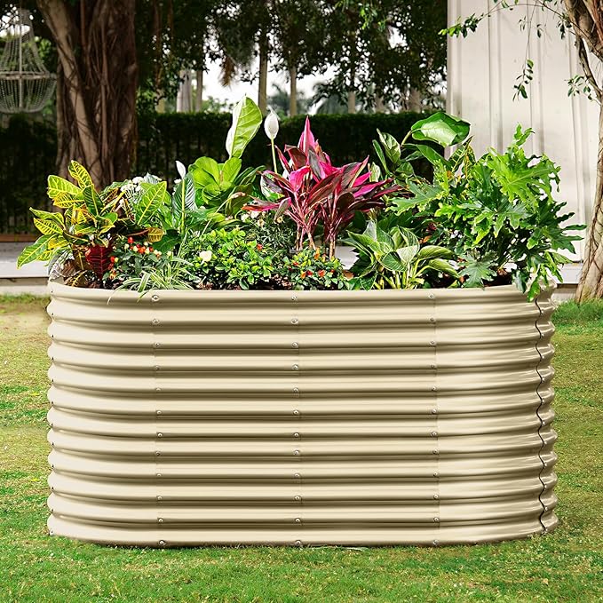 Land Guard 8x4x3ft Oval Galvanized Raised Garden Beds Large-Capacity Metal Planter Box Outdoor Durable Deep Raised Garden Bed 3ft Tall Raised Beds for Gardening Vegetables Cream Yellow