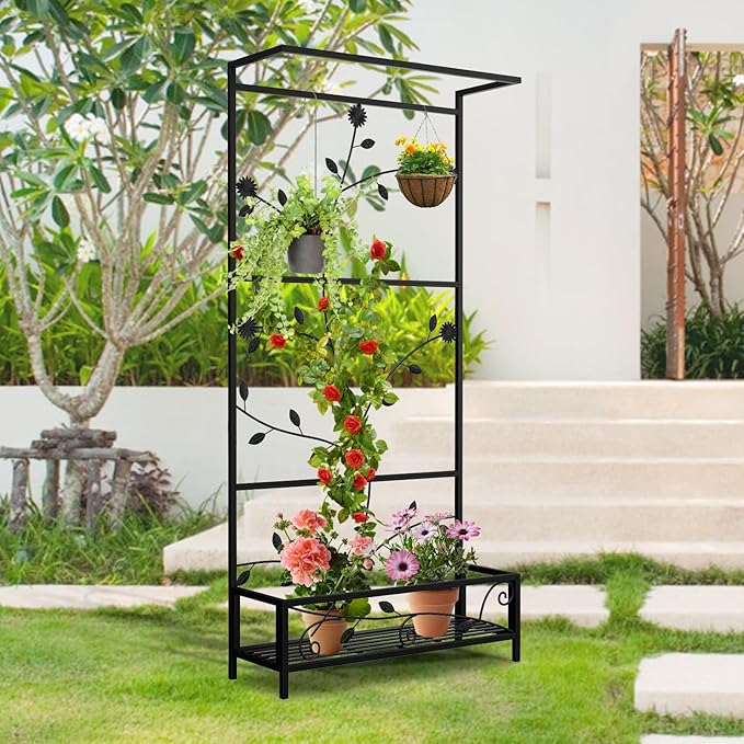Kinsuite Raised Garden Bed with Flower Stand - Metal Planters for Outdoor Plants Planter Box for Climbing Plants Vegetables Vertical Garden for Living Room Balcony Garden Decor Black
