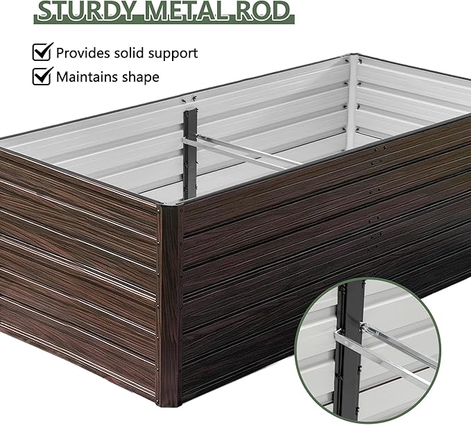 Galvanized Raised Garden Beds 6x3x2FT Outdoor Planter Boxes with Safety Edging and Gloves Metal Garden Bed Kit for Vegetables Flower and Fruits (Brown Wood Grain