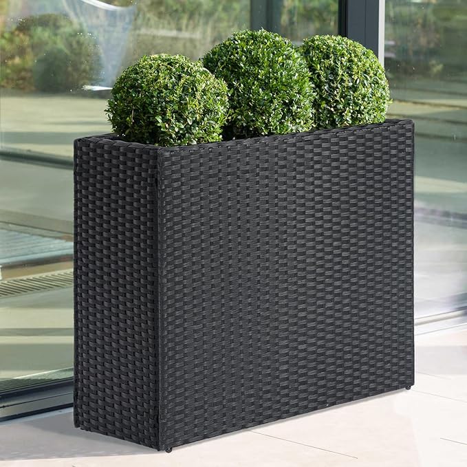 LEWIS&ampWAYNE Tall Planters for Outdoor Plants Handmade Wicker Large Rectangular Block Planter Box with Removable Liners Modern Planter for Indoor Outdoor Patio Deck - Black