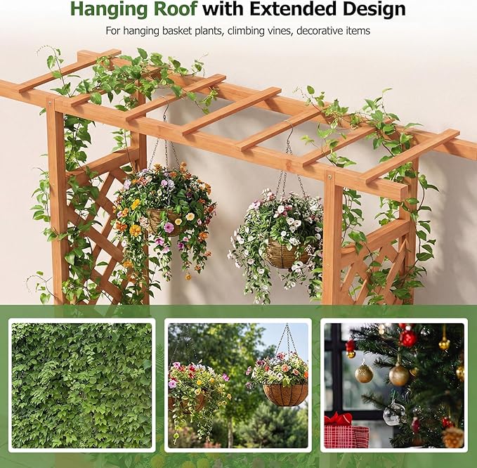 HAPPYGRILL Raised Garden Bed with Trellis &amp Hanging Roof 45 Tall Wooden Planter Box with Drainage Holes Outdoor Wood Elevated Garden Bed for Climbing Plants Vines Vegetables Flowers (Orange2)