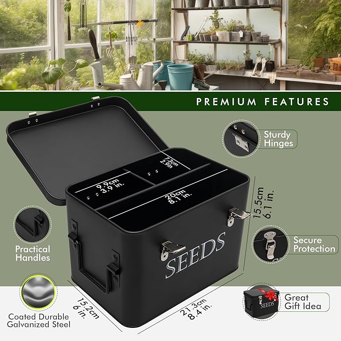Garden Seed Storage Box with Dividers Seeds Packet Organizer Case for Gardening 3 Inner Slot Bird Plant or Vegetable Seed Container Saver Tin – Black Galvanized Metal with Envelopes &amp Labels