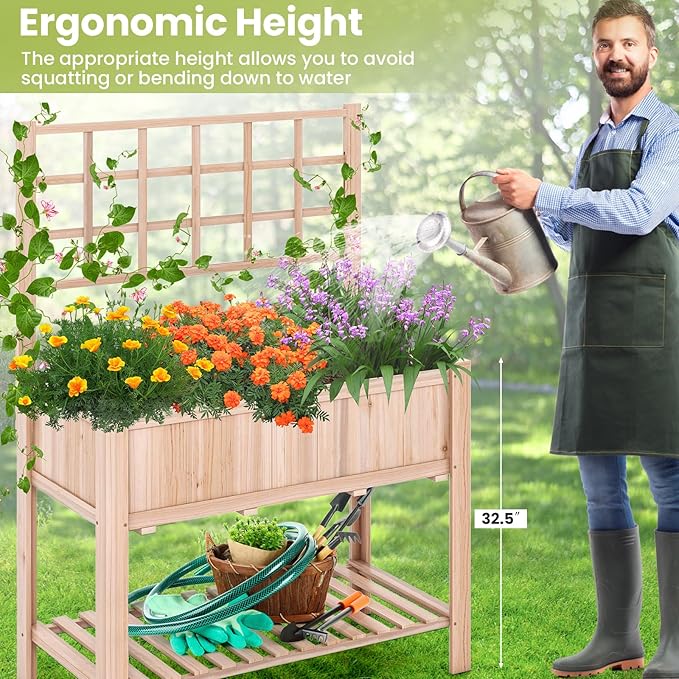 S AFSTAR Raised Garden Bed with Trellis 42x21x58in Elevated Planter Box with Legs Bottom Storage Shelf Planter Liner Wood Standing Planter Stand for Climbing Plants Flowers Vegetables Herbs