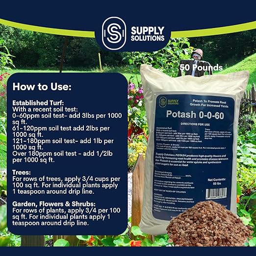 Supply Solutions Muriate of Potash 0-0-60 Fertilizer High Potassium Fertilizer Potassium for Plants Ideal Plant Food &amp Potash for Plants - for Lush Crops Blooms Acidic Plants (50lbs)