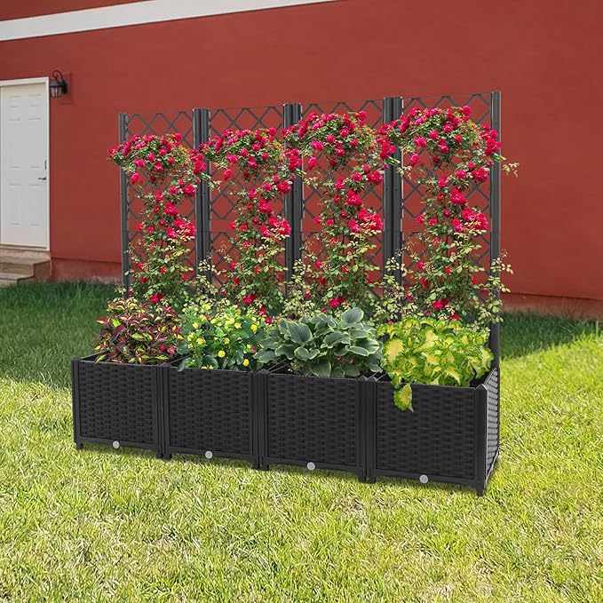 4 PCS Planter with Trellis for Climbing Plants Outdoor Planter Box for Patio Backyard Self Watering Raised Garden Bed with Trellis Privacy Planters for Flower Vegetable Vine