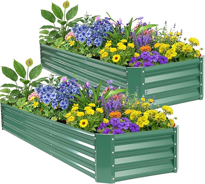 ZORMY 2 Pcs 8x2x1ft Galvanized Raised Garden Bed Outdoor Metal Planter Boxes with Easy Assembly Planter Raised Beds for Gardening Flower Plants Vegetable Herb - LotusGreen