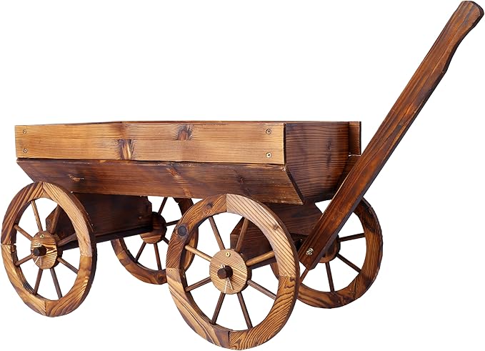 Wood Wagon Flower Planter Pot Stand WWheels Home GOutdoor Decor