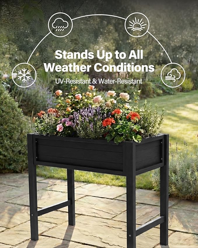 YEFU HIPS Raised Garden Bed: 34x30x18in Child Safe Raised Garden Beds Outdoor for Family Gardening - Organic Herb Vegetable Flower Planter Boxes Outdoor with Legs Kit for Patio Backyard (Black)