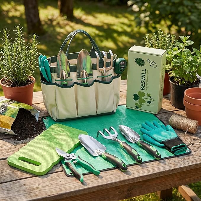 10 Piece Heavy-Duty Gardening Tools Set with Soil Moisture Meter - Rust-Proof Aluminum Gardening Hand Tools with Ergonomic Non-Slip Rubber Grips - Gardening Supplies Ideal Gift for Men &amp Women