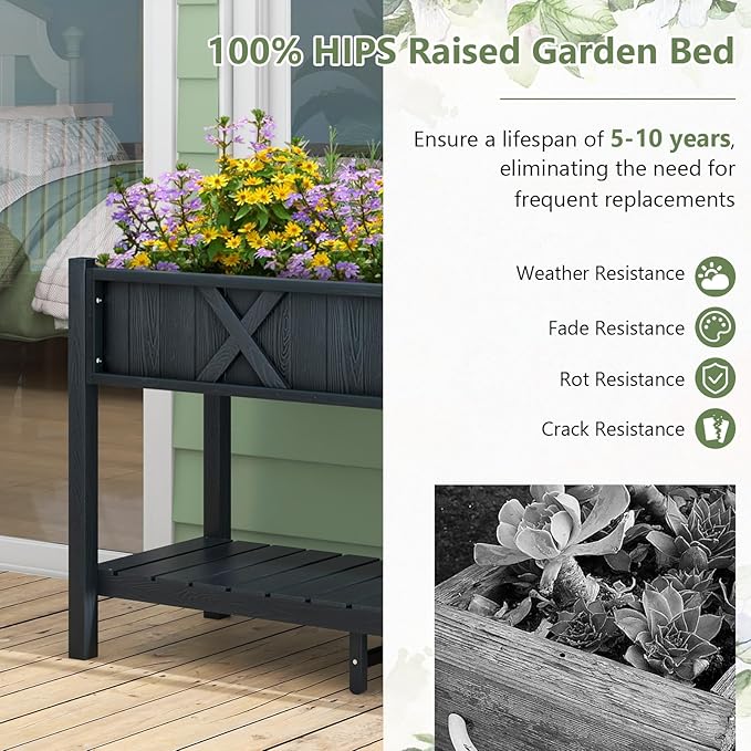 Raised Garden Bed with Legs 47 x 18 x 29 Inch Elevated Planter Box w/HIPS Frame Drainage Holes &amp Storage Shelf Standing Raised Planter for Flowers Herbs Outdoor Balcony Backyard (Black)