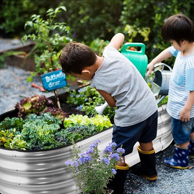 2-Pack Complete Raised Garden Bed Kit 4.5x2x1 Ft Galvanized Metal Oval Planter Boxes for Outdoor Rust-Proof Deep Root Vegetable Flower Herb Garden