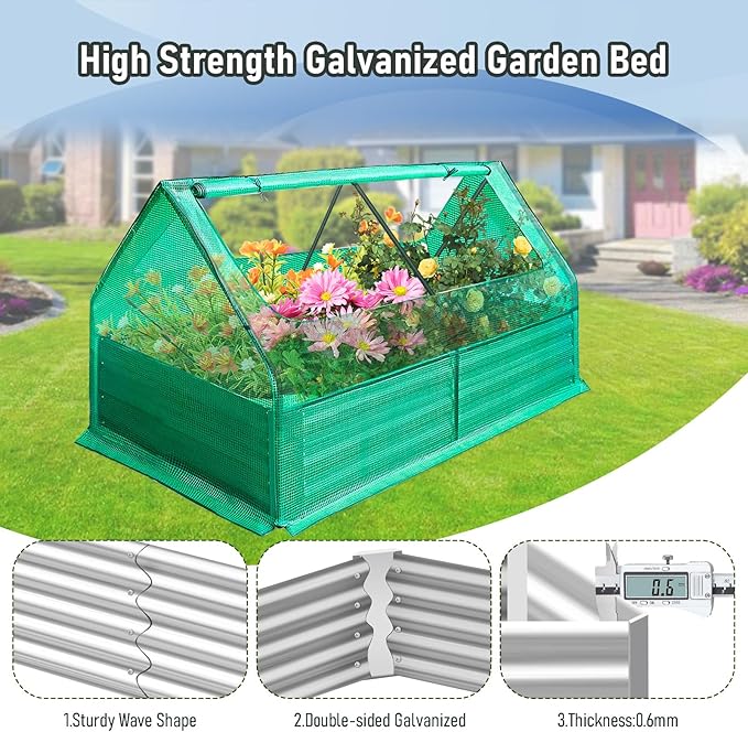 Galvanized Raised Garden Bed with Cover Thicken Metal Planter Box Kit Outdoor Garden Box with 2 Roll-Up Large Screen Windows for Vegetables Flowers Growing (4x3x3 FT)