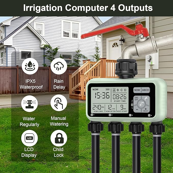 Watering Timer 4 Zone Sprinkler TimerProgrammable Garden Outdoor Hose Faucet Timer with Rain Delay/Manual/Automatic Watering SystemWater Hose Irrigation Timers 4 Outlet for Garden