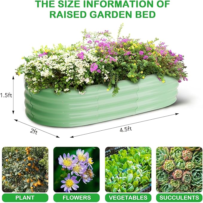 CABIHOME 2-Packs-Oval Galvanized Raised Garden Beds 4.5x2x1.5Ft Metal Planter Boxes with Open-Ended Base for for Gardening Vegetables and Flowers Olive Green