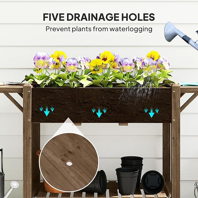 Strong Wood Raised Garden Bed with Lockable Wheels Side Benches Bottom Level Shelf Efficient Drain Holes Charred Finish
