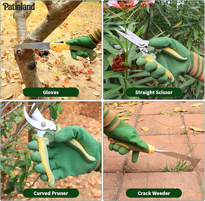 10-Piece Garden Tool Set Green Gardening Hand Tools Kit with Non-Slip Handles Heavy Duty Rust-Proof Aluminum Tools Organizer Tote Bag &amp Gardening Gloves Ideal Gardening Gifts for Men and Women