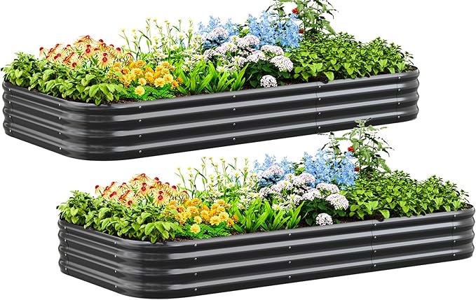 Quictent Galvanized Raised Garden Bed Kit 8x4x1 ft Oval Metal Planter Box for Vegetables Strengthened by Crossbar Dark Gray 2PCS