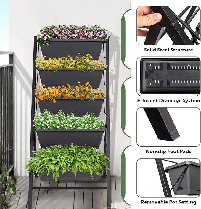 S AFSTAR 5-Tier Vertical Garden Planter 5-Layer Raised Garden Bed with 5 Detachable Planter Boxes &amp Metal Frame Indoor Outdoor Elevated Planting Containers for Flower Vegetables Fruit Herbs