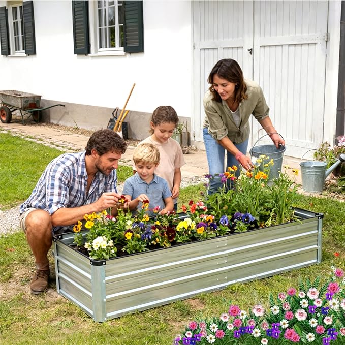 DUMOS Galvanized Raised Garden Bed Outdoor 2 Pcs 6x3x1ft Planter Box Outdoor for Deep-Rooted Herbs/Flowers/Vegetables Large Metal Garden Bed for Patio Balcony and Backyard Silver