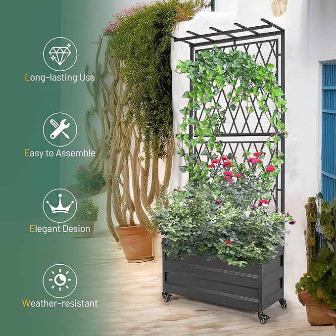 Metal Planter Box with Lattice Trellis and Wheels 70 inches Tall Heavy Duty Planter Box &amp Raised Garden Bed with Trellis for Climbing Plants Flowers with Drainage Holes 30Lx12Wx70H 2Pack