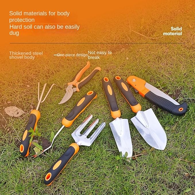 Stainless Steel Garden Tool Set with Shovel Rake Fork Root Extractor Scissors and Folding Saw