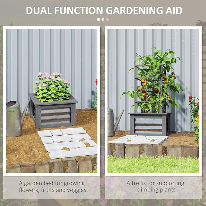 Outsunny Raised Garden Bed with Trellis Wooden Planter Box with Galvanized Steel Sides Raised Flower Bed for Climbing Plants Flowers Fruits and Vegetables Gray