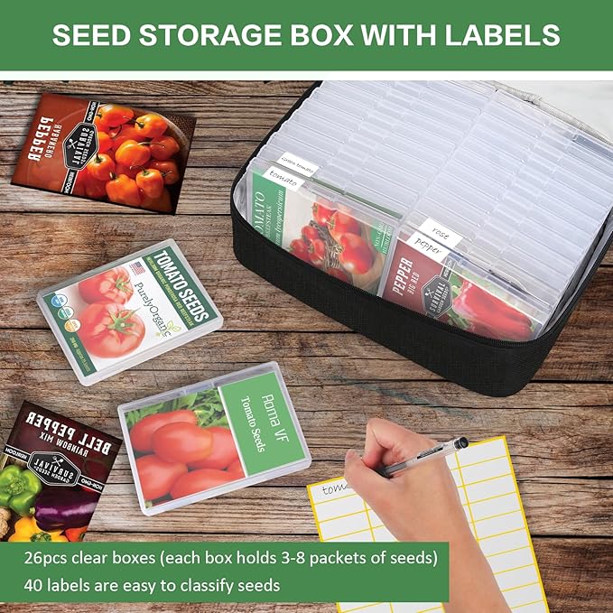 26 Slots Seed Storage Organizer Box with Insulated Bag That Holds 80-200 Seed Envelopes Oxford Cloth Garden Seed Containers with Labels Seed Packet Organizer for Plant Flower Vegetable Seeds