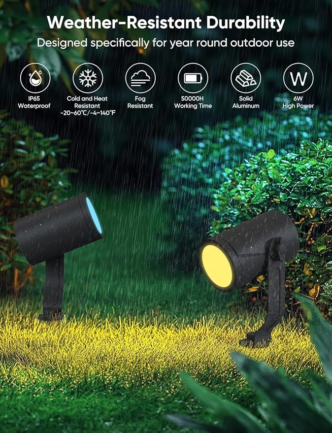 APPECK Smart Landscape Lighting Kit 36W RGBCW Smart Landscape Lights 6 Pack IP65 Waterproof Outdoor Spotlights Alexa/Google Assistant Compatible for Garden Pathway Yard Holiday Decor