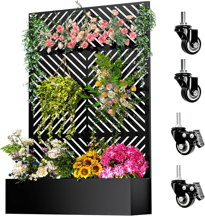 Metal Planter Box with Trellis72x47x16Galvanized Steel Outdoor Raised Garden Bed with Privacy Screenwith Drainage Holes &amp Lockable Casters for Climbing PlantsVegetablesand Vines(-JT)