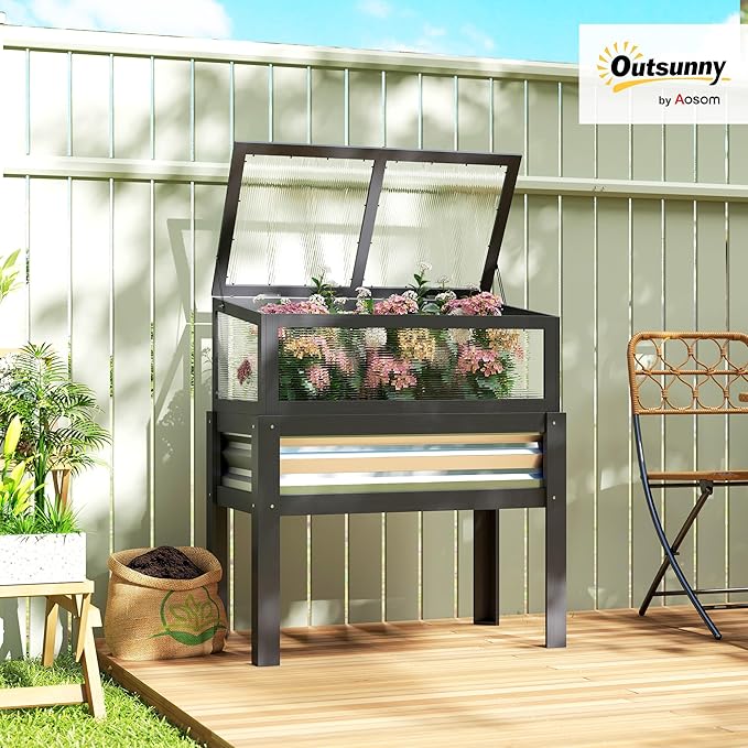 Outsunny Wooden Raised Garden Bed with Flip-Up Greenhouse Top Raised Garden Bed with Legs and Bed Liner Elevated Planter Box for Flowers Vegetables Herbs Gray