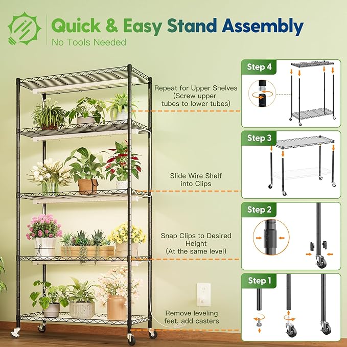 FREELICHT 5 Tier Plant Shelf with 4-Pack 2FT 30W LED Grow Lights with Timer+ 2 Pack 4FT 40W Grow Light with Timer Sunlike Full Spectrum Plant Light for Hydroponic Indoor Plant Seedling Veg
