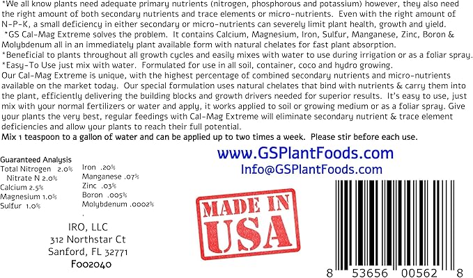 GS Plant Foods Cal-Mag Extreme Liquid 1 Quart Fertilizer with Calcium Magnesium Iron and Sulfur Supplement Corrects Secondary Nutrient &amp Trace Element Deficiencies N-P-K of 2-0-0