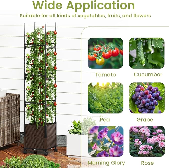 Giantex Raised Garden Bed Planter Box with Trellis 87 Tomato Planter for Climbing Vegetables Flowers Vine Plant Self-Watering Tomato Cage with Wheels for Garden Patio Outdoor &amp Indoor