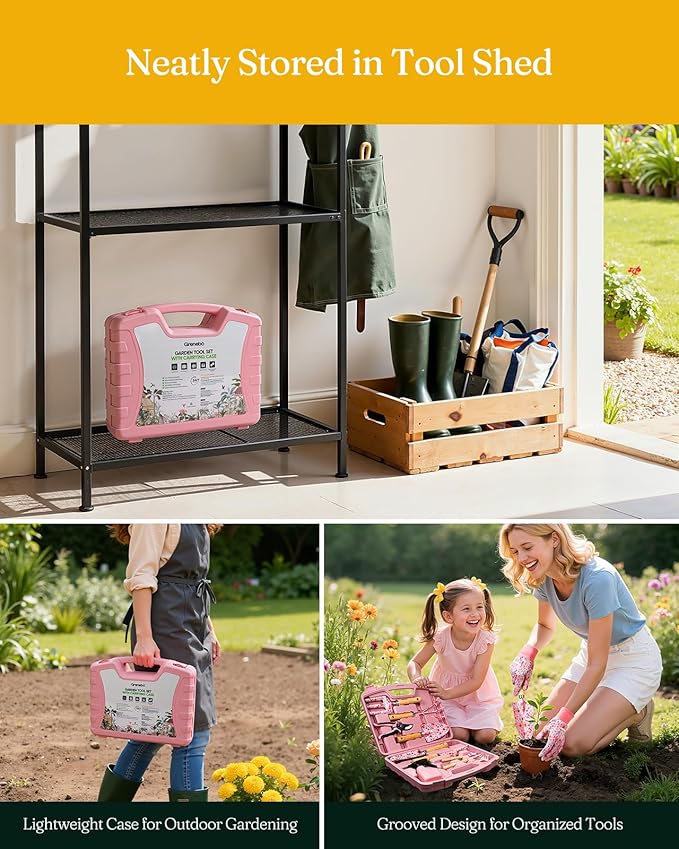 12-Piece Womens Gardening Tools Gift Set Rust-Proof &amp Heavy-Duty Garden Tools with Durable Carrying Case Fashionable &amp Thoughtful Gardening Gifts for Women&ampMen (Pink)