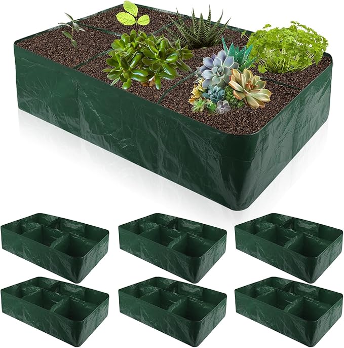 Gerrii 6 Pack 35 Gallon Fabric Raised Garden Beds Rectangle Garden Planting Bed with 6 Divided Grids Drainage Holes 4 Pcs Warehouse Gloves for Vegetables Flowers Tomatoes Herb(Polypropylene Cotton)