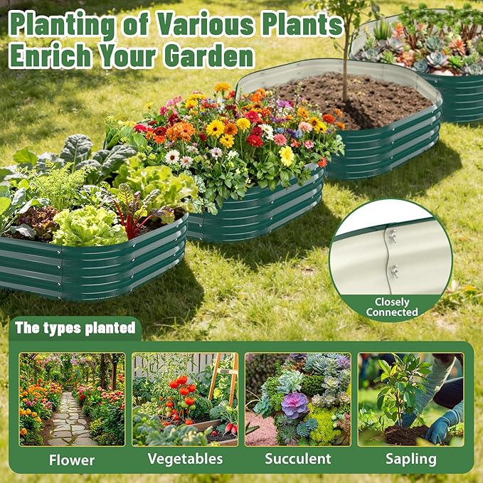 Hexagon Raised Garden Bed 48 Inch Diagonal &amp 12 Inch Tall Galvanized Steel Planter Box with Wave-Shaped Metal Panels for Outdoor FlowerTreeHerb &amp Vegetable Garden (Dark Green 4FT X 1FT)