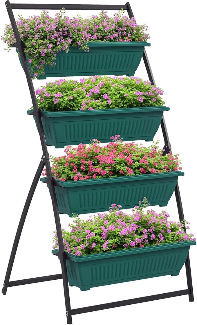 Outsunny Raised Garden Bed 4 Tier Vertical Garden Planter Set 4 Outdoor Planter Boxes with Stand Self Draining Design Elevated Garden for Vegetable Flowers &amp Herbs Green
