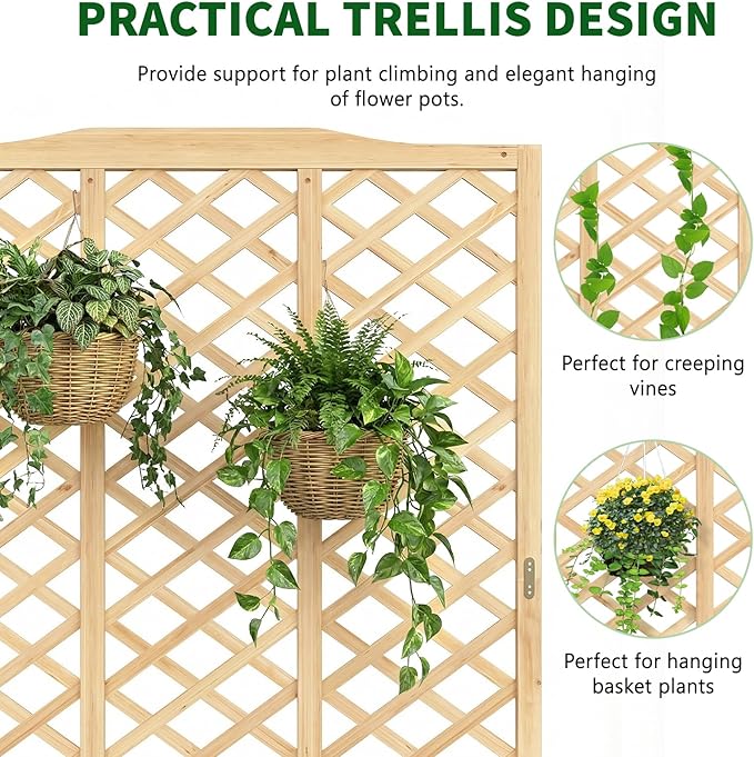 Wooden Raised Garden Bed with Trellis Freestanding Planter Box with Drainage for Vines Climbing Plants Flowers Herbs Elevated Gardening Planter for Backyard Balcony Patio