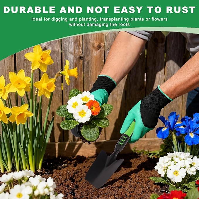 Garden Tool Set 4 Pack Gardening Tools Stainless Steel Heavy Duty Hand Cultivator Hoes Shovel for Planting Weeding Digging Gardening Gifts for Women Green