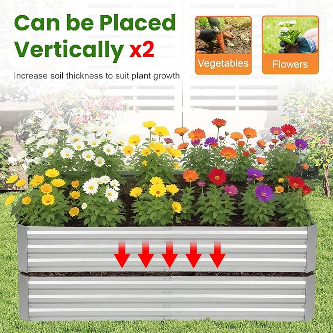 PayLessHere Galvanized Garden Bed 8x4x1FT Outdoor Raised Garden Bed for Vegetables Flowers and Herbs Planter Boxes Large Galvanized Steel Raised Bed Kit with Metal Pole Reinforcement Silver