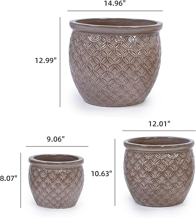 Handmade Glazed Ceramic Planter Set of 3 15139 Inch Diameter Ring Pattern for Monstera and Fiddle Leaf Fig Outdoor G Indoor Staircase Use Breathable Clay Beige