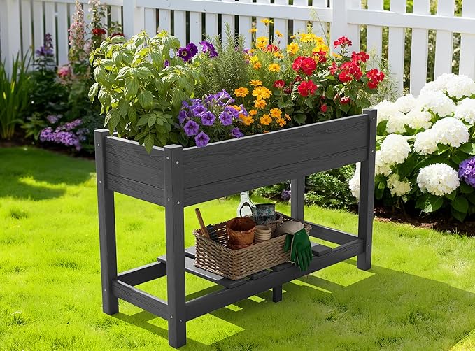 SERWALL Raised Garden Bed with Legs 43×17×30 Large HDPE Elevated Planter Box for Vegetables Flower Herb Patio All Weather Use- Gray