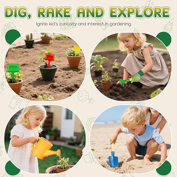 Kids Gardening Tool Set 20PCS Gardening Toys Includes Metal RakeForkTrowelApronGlovesWatering CanTote Bag Garden Tool Kit for Kids Outdoor Toys Gift for Boys Girls