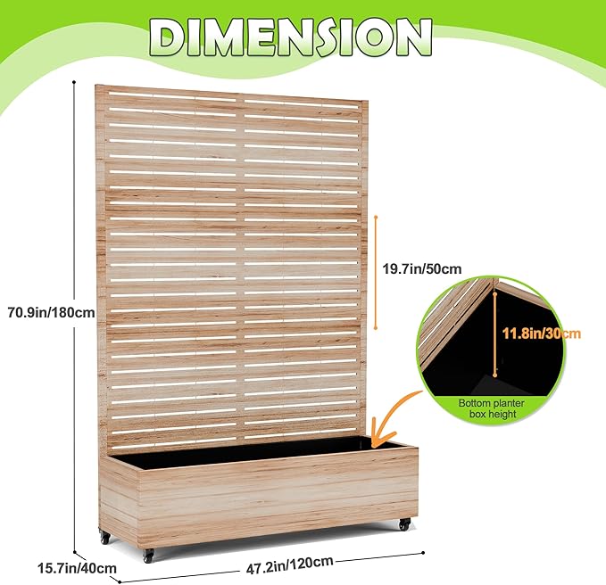 15.7×70.9×47.2 Metal Raised Garden Bed with Trellis and Wheels - Tall Trellis Planter Box for Climbing Plants Vegetables &amp Vines - Outdoor Privacy Planters for Patio (Acacia Wood Grain)