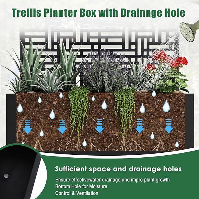 70.87x35.43x15.75 Inch Metal Planter Box with Trellis and Wheels Privacy Screen Planter with Drainage Holes Outdoor Garden Box for Climbing Plants Vine (02)