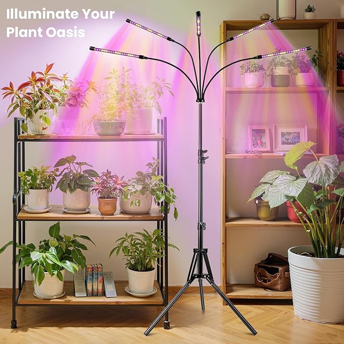 Garpsen Grow Light with Stand 5 Heads Grow Lights for Indoor Plants 100 LEDs Full Spectrum Led Plant Light for Seed Starting with 15-63 Adjustable Tripod&amp6/12/16H Timer(No Clip)