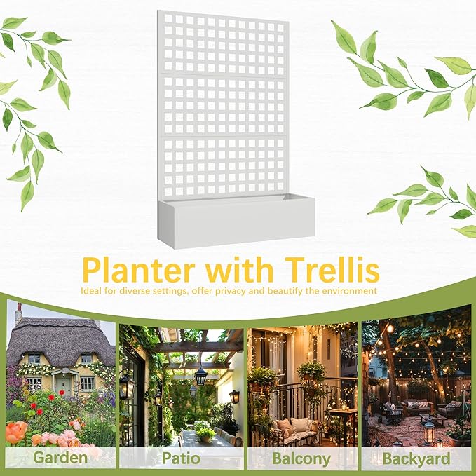 Metal Planter Box with Trellis 71x 47x 16 Raised Garden Bed with Trellis Planter Box Trellis with Privacy Screen and Drainage Holes White