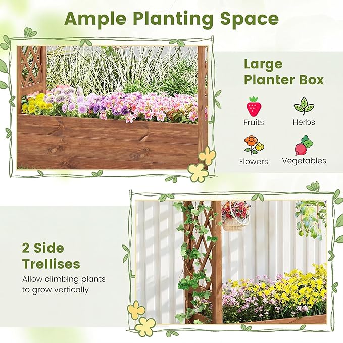 Giantex Raised Garden Bed with Sided Trellis &amp Roof Set 2 31”x16”x41” Wood Elevated Planter Box Freestanding Garden Planter Raised Bed for Flowers Herbs Climbing VinesBrown