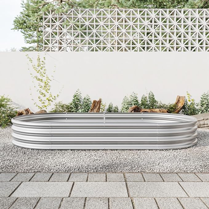 Outdoor Raised Garden Bed for Plants Vegetables and Flowers Oval Large Metal Raised Bed Kit Durable Galvanized Planter Boxes for Garden Backyard Easy Assembly (Silver 88.99x 44.68x11.42 in)