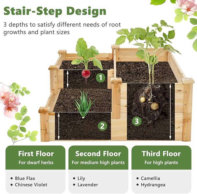 HAPPYGRILL 3-Tier Raised Garden Bed Wood Elevated Flower Box with Open-Ended Base &amp Plug-in Connector Outdoor Planter Raised Beds for Vegetables Herbs &amp Fruits